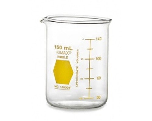 Стакан Гриффина Kimble Colorware 50 мл, низкий, с желтой градуировкой, с носиком, стекло (Артикул 14000Y-50)