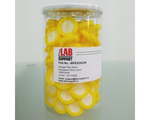 PES, 0.22 мкм, 25 мм, шприцевые фильтры WS, желтые, 100 шт/уп. Lab-Support, Китай
